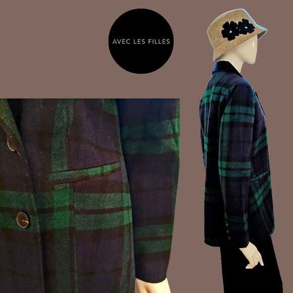 AVEC LES FILLES NEW Preppy Plaid Velour Collar Double Breast Jacket M - Picture 3 of 11